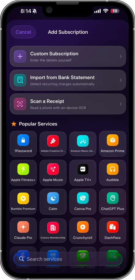 Adding a subscription from the built-in catalogue of popular services.