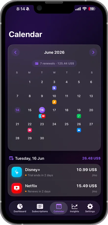 A month calendar with each renewal marked on the day it falls.