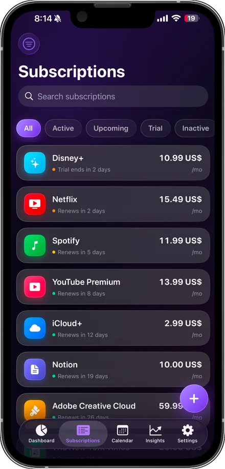 The full subscription list with prices and days until each renewal.