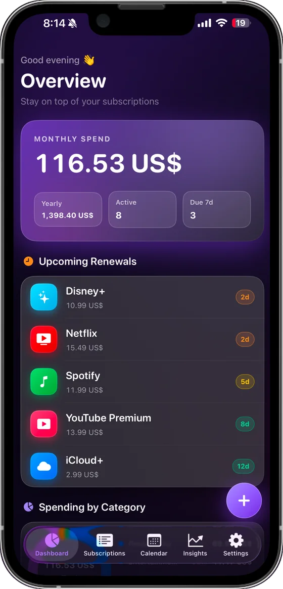 El panel de Subscription Stopper en iPhone, con el gasto mensual y las próximas renovaciones de Disney+, Netflix, Spotify, YouTube Premium e iCloud+.
